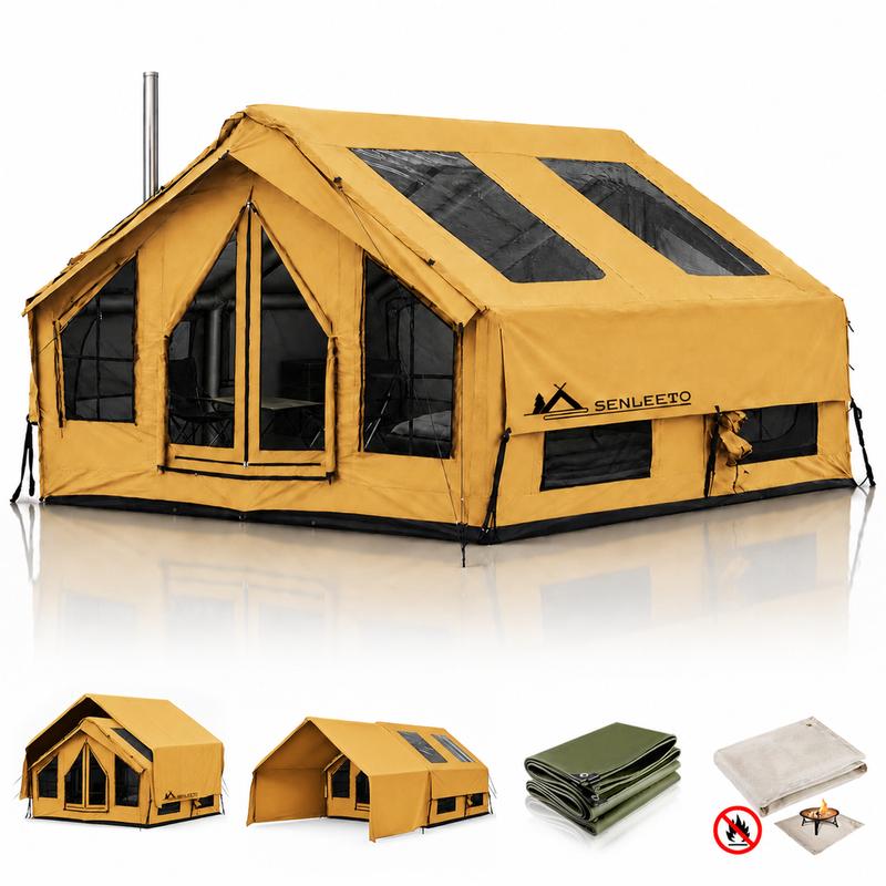 SENLEETO 420D Oxford Foldable Portable Glamping Tent - 4-Season Weatherproof Family Blow-Up Cabin with Stove Jack, AC Port, Dual Canopy Skylight for Outdoor Camping, Foldable Tent, Portable Glamping Cabin