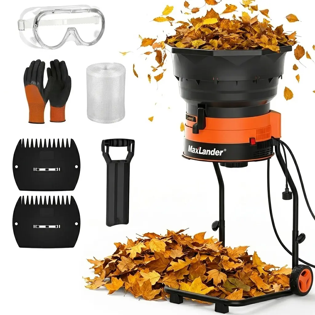 MAXLANDER Electric Leaf Shredder Mulcher, 15 Amp Portable Yard Waste Grinder and Chipper, 18:1 Ratio 55 GPM Lawn Debris Disposal Tool for Wet/Dry Leaves with Adjustable Dial & Safety Accessories