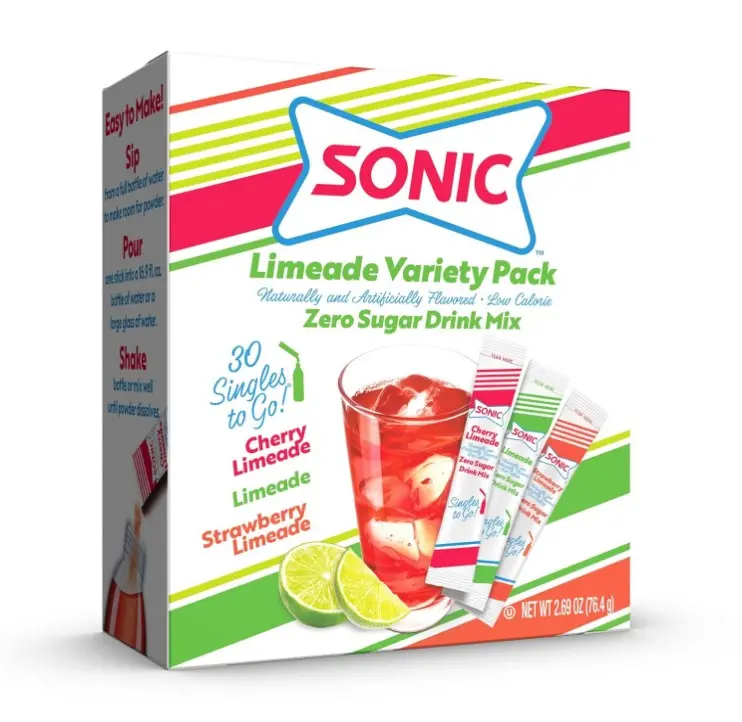 Sonic Singles To Go Limeade Variety Pack, Watertok Powdered Drink Mix, Includes 3 Flavors, Limeade, Cherry Limeade, Strawberry Limeade, 1 Box (30 Servings)