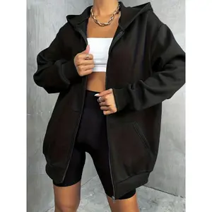 Solid Zip Up Oversized Hoodie, Casual Long Sleeve Pocket Hoodies Sweatshirt, Women's Clothing Minimalist Short Basic Comfort Womenswear Tops Fabric