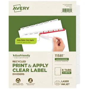 Avery EcoFriendly Recycled Dividers, 8-Tab, White Tabs, Index Maker Print and Apply Clear Label Strip, 5 Sets for 40 Binder Dividers Total (11581)