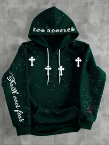 Men's Hooded Sweatshirt, Dark Gothic Cross Element Hooded Sweatshirt, Starry Sky Dyeing Process Pullover, Kangaroo Pocket,  Casual Regular Loose Drawstring Hooded Sweatshirt, Gothic Style Hoodie