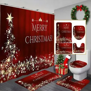 1/4pcs Christmas Holiday Theme Shower Curtain Set, Includes Toilet Seat Cover, Rectangular Mat, U-Shaped Pad, Perfect Bathroom Decor, 12 Hooks Included
