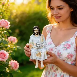 Jesus Resin Desk Companion Figurine, Car Dashboard Home Office Table Decor Jesus Christ Statue, I Am with You Always Sign Jesus Statue Decor, Serene Religious Statue for Shelves, Desk