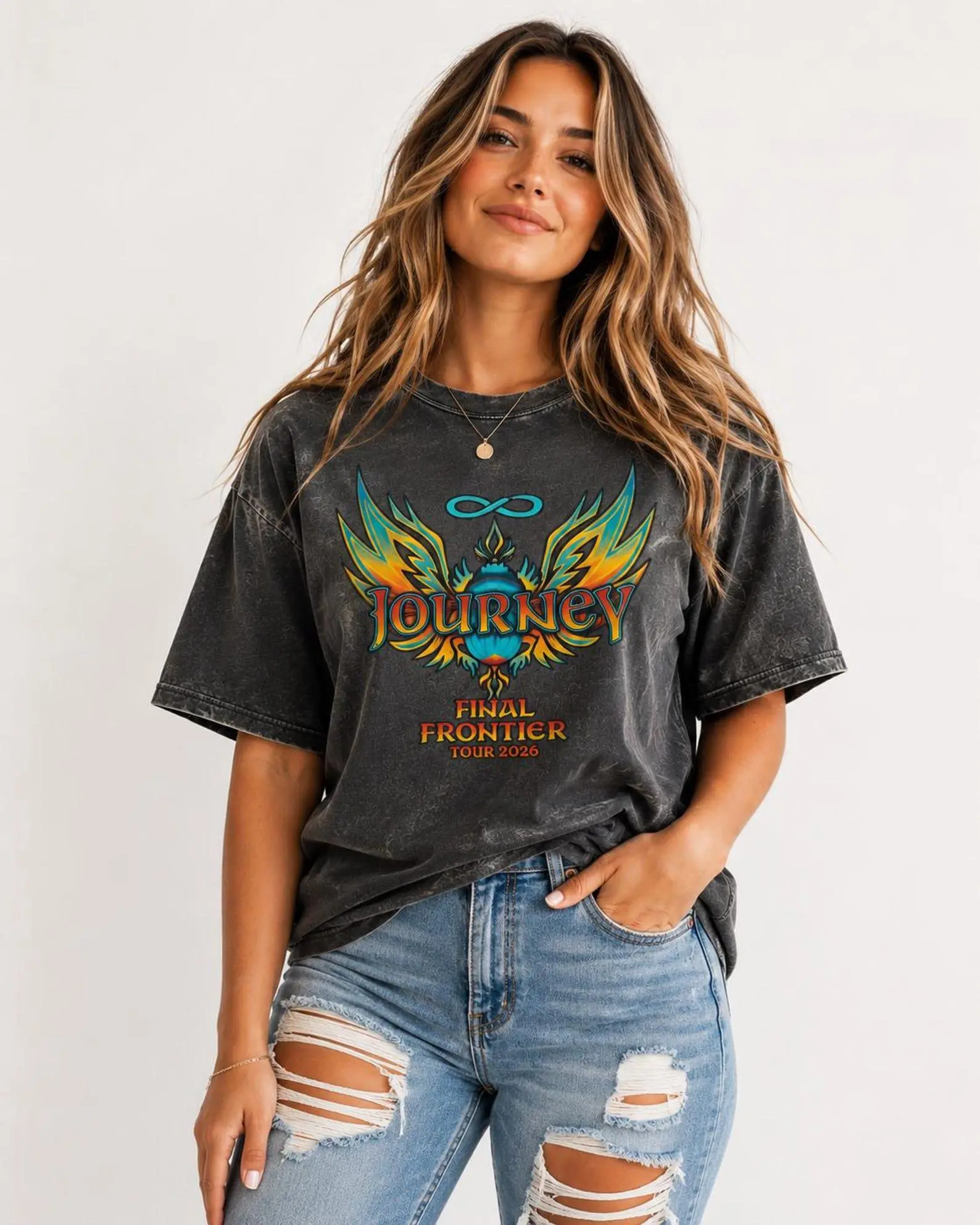 Journey Last Frontier Graphic T-shirt | Retro Band Style, Colorful Eagle Artwork