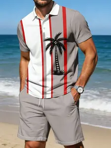 Men's Summer Beach Set Short Sleeve Polo Shirt with Shorts, Fashion Palm Tree Print Casual Wear, Slim-Fitting H-Type
