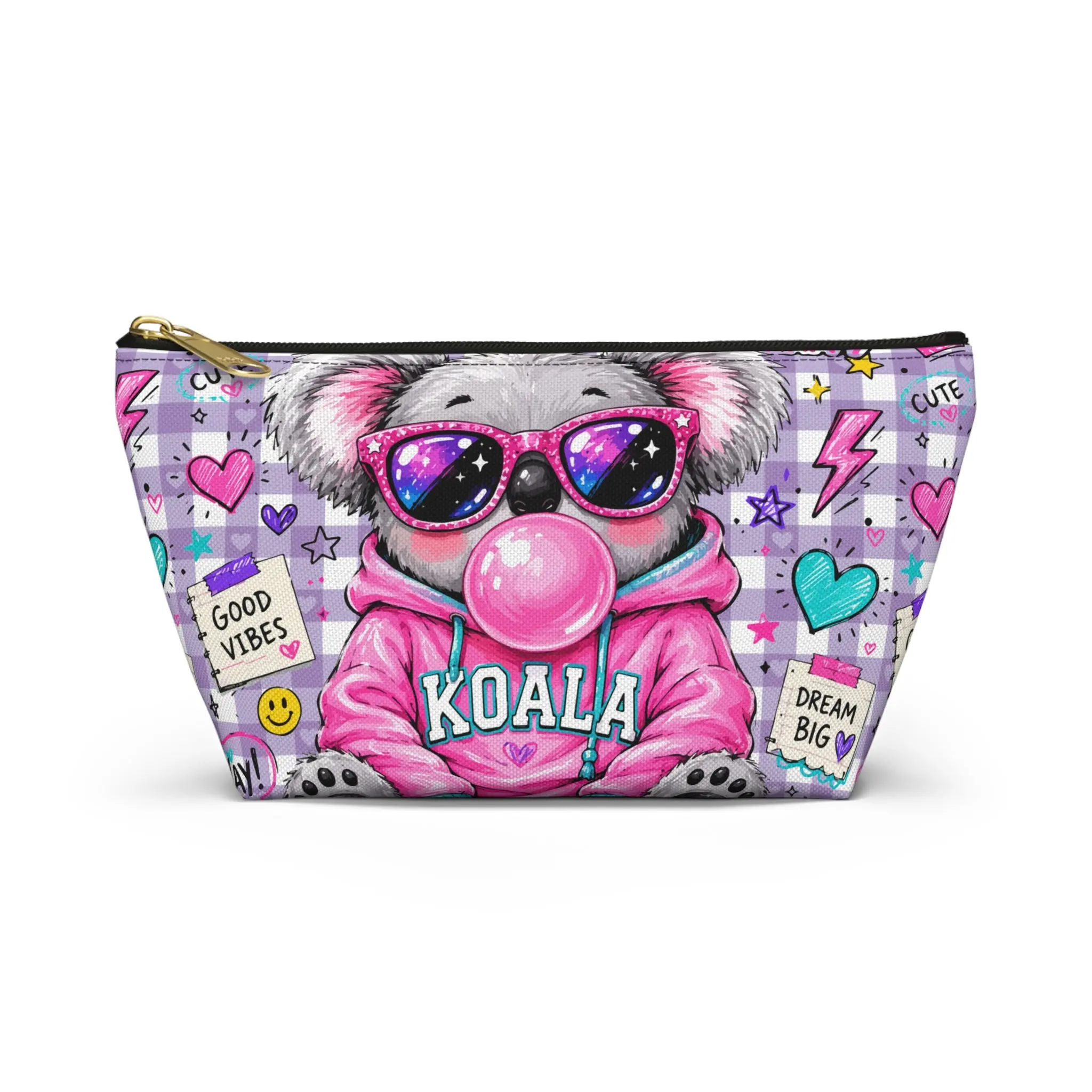 Cute Kawaii Koala Bubblegum Print Accessory Pouch - T-Bottom Stand, Zipper Closure, Kids Pencil Holder, Back to School Supplies, Student Gift