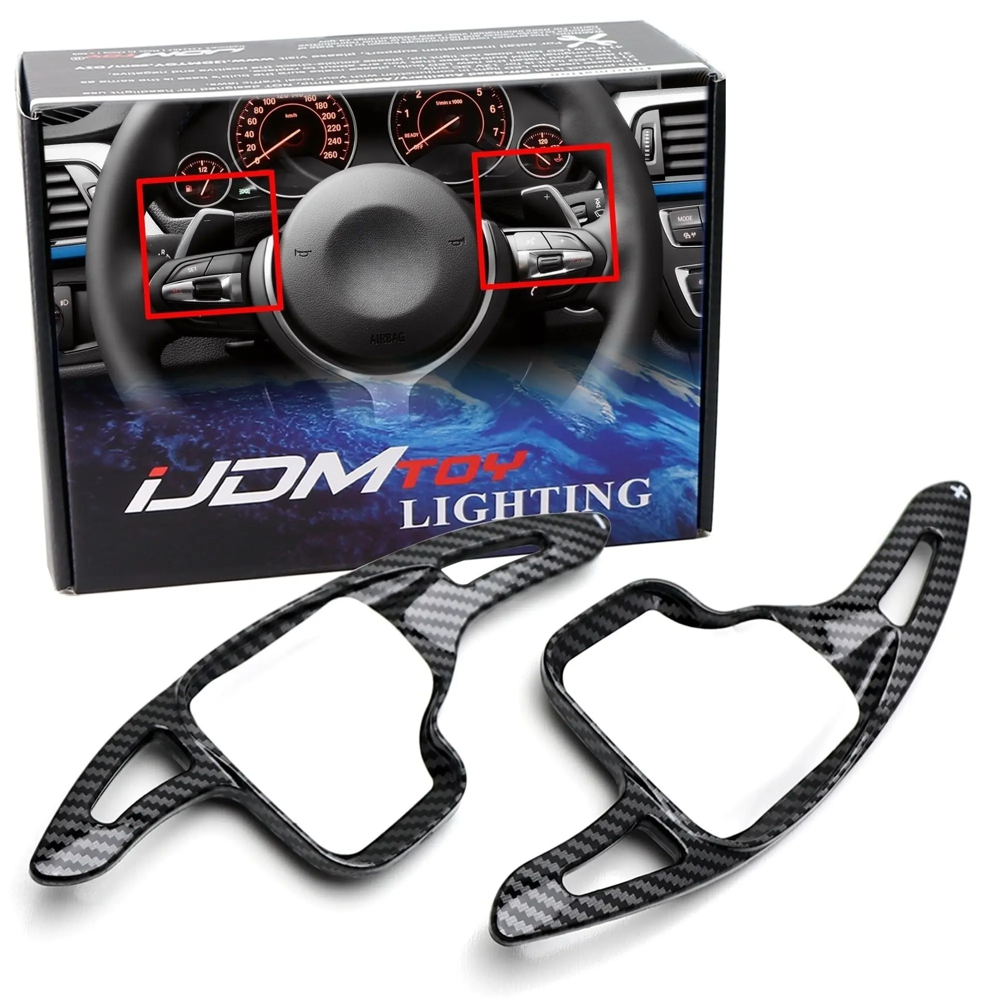 iJDMTOY Twill-Weave Carbon Fiber Pattern Style Larger Paddle Shifter Extensions For BMW 2 3 4 X1 X2 X3 X4 X5 X6 Series (Fxx Chassis)