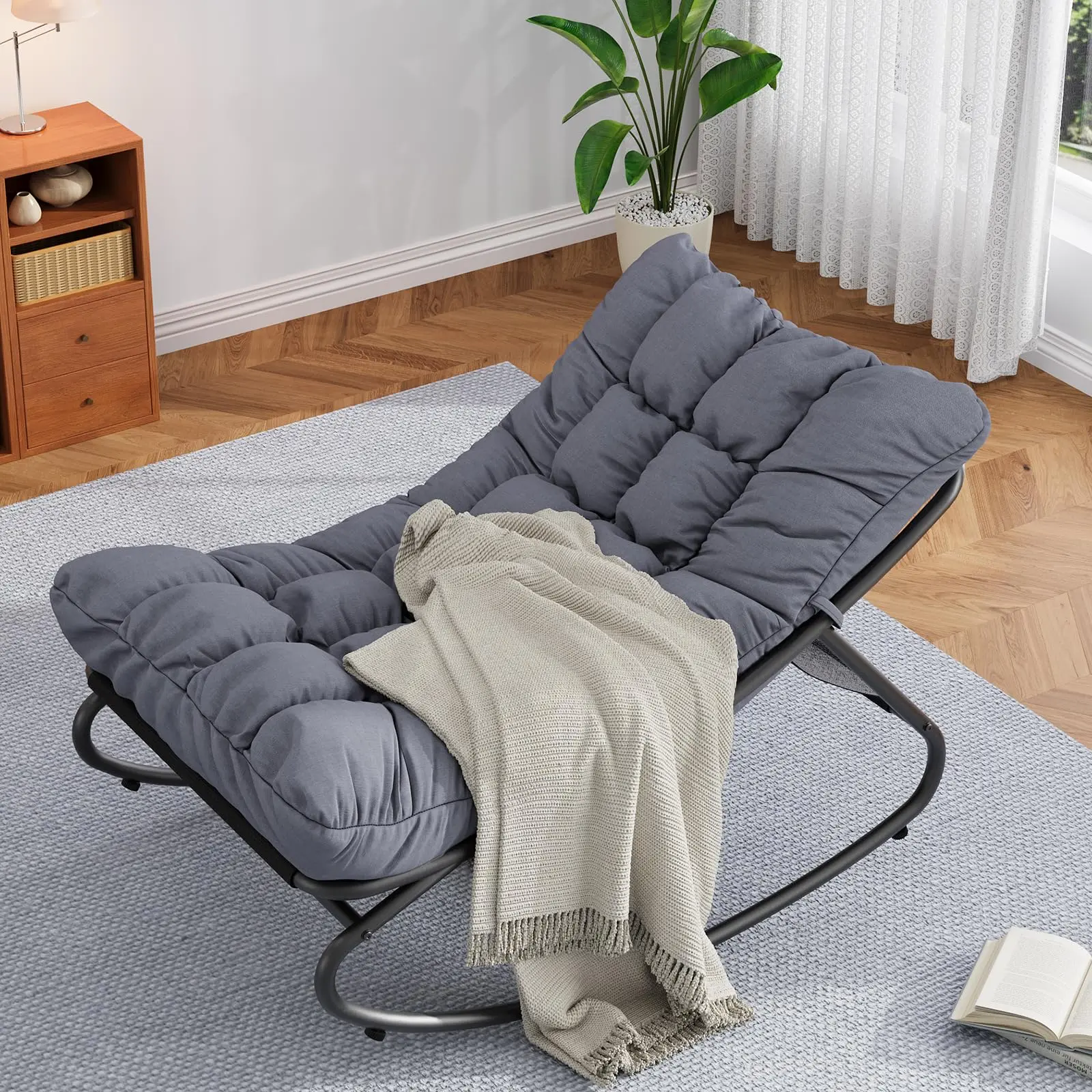 Oversized Papasan Rocking Chair, All Weather Egg Lounge Chair with Thick Quick Rebound Waterproof Oxford Cushion, Heavy Duty Rustproof Powder Coated Metal Frame 350 LBS Capacity, Removable Washable Ergonomic Indoor Outdoor Glider Seat