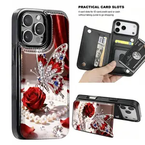 Cool and stylish diamond-studded butterfly and rose-themed anti-shock leather card holder phone case,for iPhone 17 Pro Max Phone Case 17 Air 16 15 Plus 14 13 12 , Samsung Galaxy S25 ULTRA FE Plus S22 S23 FE S24 Plus
