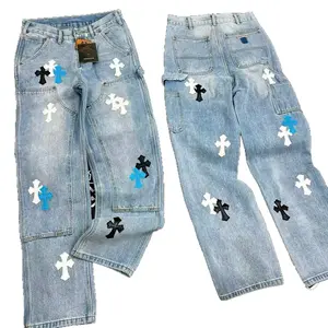 Y2K trendy vintage washed blue denim jeans, loose straight cargo jeans for men with embroidered patches, high-quality streetwear casual skate pants Trouser Menswear