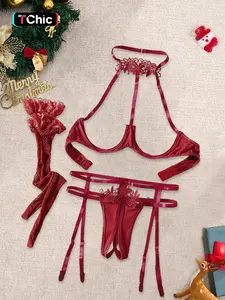 Christmas Sexy Lingerie Set, Backless Contrast Lace Design, Fitted Thin Satin Fabric, Perfect for Halloween & Christmas Celebrations