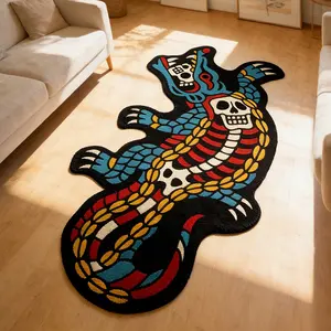 Unusual Creative Skull Beast Crocodile Print Decorative Carpet, Foldable Plush Animal Printed Rug for Living Room Bedroom Balcony, Home Decor Rug, Easy Care Mat, Home Decorative Rugs