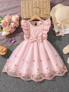 Girl's Butterfly Pattern Bow Decor Dress, Cute Round Neck Dress for Summer, Kids Clothes for Daily Wear, Frill Trim Bow