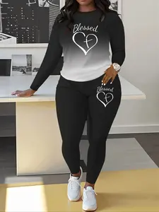 Women's Ombre Letter Heart Print Tee & Pants Two-piece Set, Casual Round Neck Long Sleeve T-shirt & Trousers for Spring & Fall, Ladies Clothes for Daily Wear