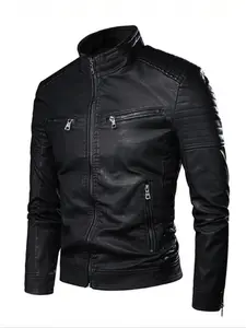 Men's Solid Zip Up Mock Neck Faux Leather Jacket Coats, Slim Casual Long Sleeve Outerwear for Fall & Winter, Men's Clothes for Daily Wear