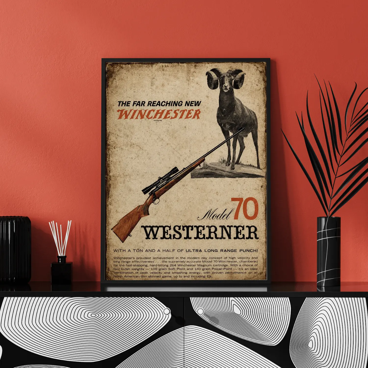 Vintage Winchester Model 70 Hunting Poster, Bighorn Sheep Rifle Wall Art, Retro Firearm Advertisement Print, Rustic Hunting Cabin Decor, Hunter Gift