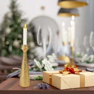 SURUI Elegant Gold Brass Finish Taper Candlestick Holders for Mantle Table & Wedding Decor Round Resin Hand-forged Vintage Design 9.44 inches Height