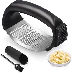 Garlic Press Rocker – Easy Squeeze Stainless Steel Garlic Crusher & Mincer with Peeler and Cleaning Brush