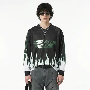 Inflation Mesh Brand Flame Print T-shirt Loose Long Sleeve Casual Top Menswear Man Streetwear Medium Fit Black streetwear