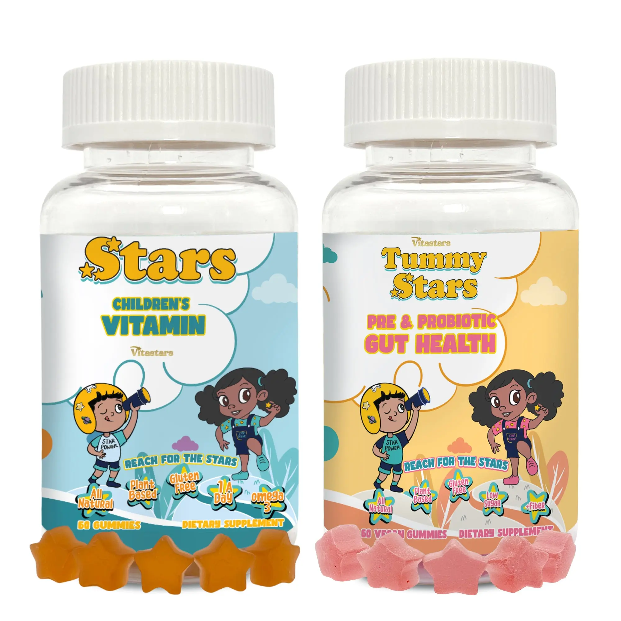 VitaStars Kids Growth & Gut Health Bundle – Daily Multivitamin Gummies + Prebiotic and Probiotic Gummies w/ Fiber –  Gluten Free Vegan, 2 Pack