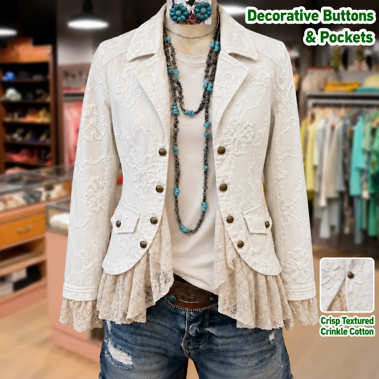 Cherrybetty 100%Cotton Elegant Flower Embroidered Lace Patch Cotton Jacket Casual Womenswear Coats Long Sleeve Outerwear Decorative Buttons & Pockets