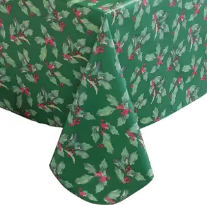 SASTYBALE Vinyl Christmas Tablecloth Rectangle Flannel Backing, Floral Holly & Berry Print Waterproof & Heavy Table Cloth for Dining, Party, Holiday & Outdoor Decoration, Green Ornaments Flower