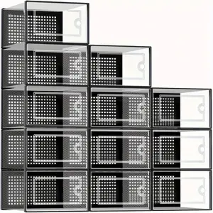 Shoe storage boxes, 12/24-piece transparent plastic stackable shoe storage boxes, suitable for closet use, chain-design shoe containers, suitable for sneakers, with lid and foldable shoe racks (black, white, gray)