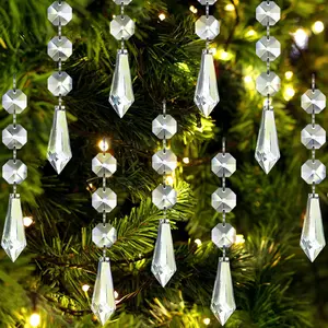 30Pk Crystal Ornaments for Christmas Tree Decorations, Acrylic Hanging Crystals for Centerpieces Home Decor, Clear Plastic Icicle Prism Drop Pendant W/Crystal Beads for Chandelier Party Supplies Jishi