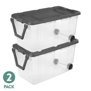 Sterilite 160 Quart Wheeled Stacker, Extra Large Durable Clear Bin, Latch Lid and Pull Handle, Gray, 2 pack
