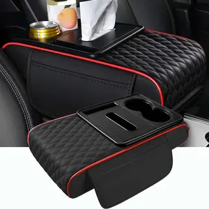 Car Center Console Cover, Leather Armrest Cover for Car, Universal Middle Console Cushion with Storage Box, Cup Holder, Tissue Box & Phone Slot, Waterproof Interior Accessories