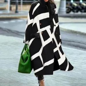 Autumn Women's Long Sleeve Turn-Down Collar Coat Printed Woolen Plus Size Trench Coat