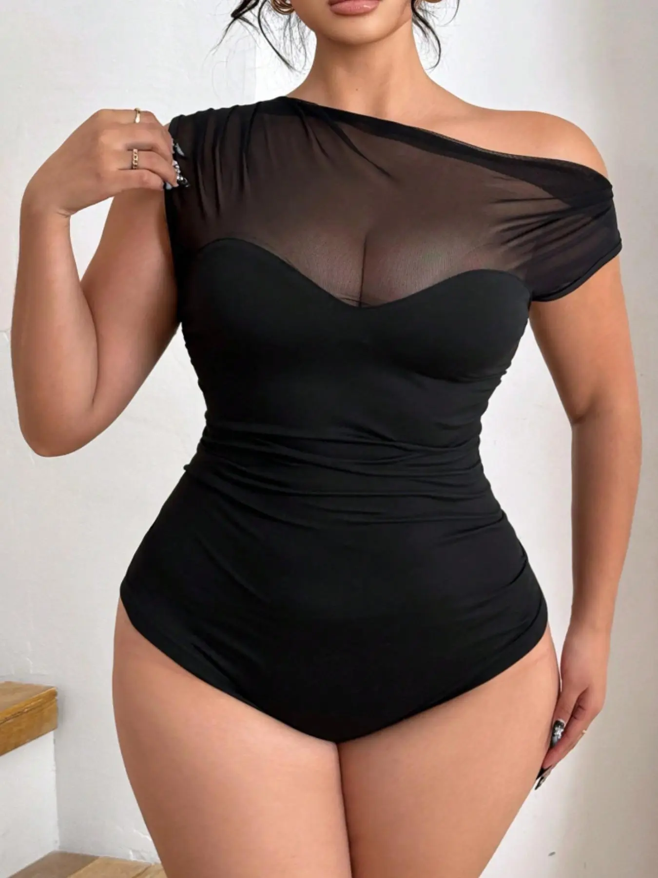 Size Summer Elastic Fit Contrast Mesh Sheer Elegant Bodysuit Garment