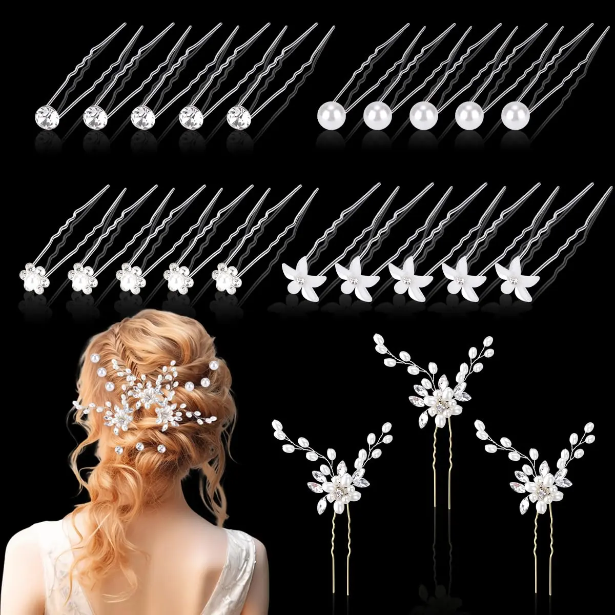 23Pcs Wedding Hair Pins, RETON Bridal Pearl Rhinestone Hair Clips, U Shaped Flower Crystal Hair Accessories Diamond Hairpin for Bridesmaid Women Girls Ladies (5 Thems)