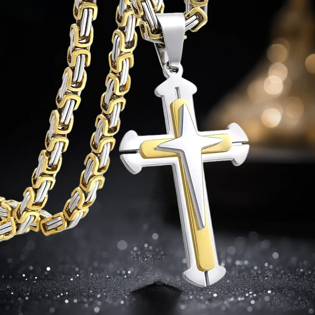 Stainless Steel Cross Necklace for Men 24 Inch, Byzantine Chain with 3D Layered Crucifix Pendant, Two Tone Gold Black Silver Christian Jewelry Gifts for Him