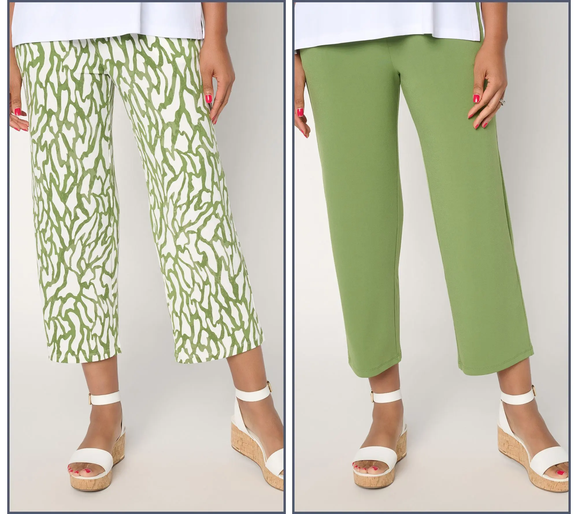 Susan Graver Regular Liquid Knit Set of 2 Print & Solid Crop Pants