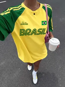 Women's New Patchwork Casual Sporty Brazil Flag Letter Print Loose Short Sleeve T-Shirt, Trendy Youthful Outdoor Comfort Travel