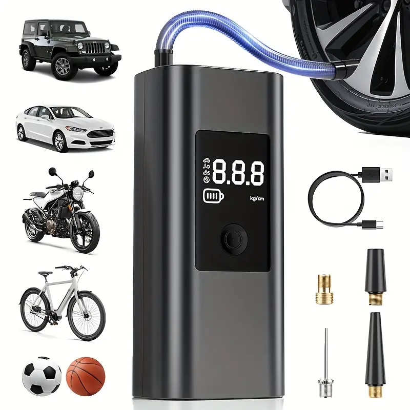 Portable Air Compressor with Pressure Gauge and LED Light, One-Button Smart Wireless Digital Tire Inflator Pump for Car, Motorcycle, Bike and Balls, Tyre Inflator Cordless, Tire Inflation Tool