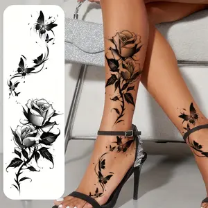 2pcs Black Flower & Butterfly Temporary Tattoo Stickers For Women, Body Fake Tattoos, Waterproof & Long Lasting Fake Tattoo For Arm, Leg & Chest