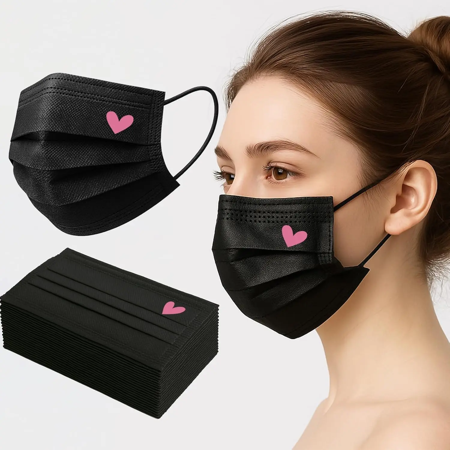 50 Pack Black Protective Face Masks for Adults, 3-Ply Disposable with Heart Print, Elastic Ear Loops and Adjustable Nose Clip for Daily Use, Protective Face Mask, Everyday, Considerate Design