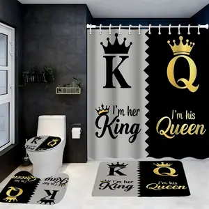 1/4pc King and Queen Pattern Shower Curtain Set, including shower curtain, toilet seat cover, rectangular mat, and U-shaped mat, perfect for bathroom décor, beautifying the space. Comes with 12 shower curtain hooks, Bathroom Decoration Accessories