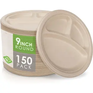 Compostable Paper Plates [9 in.] COMPARTMENTS - 150 Disposable Plates  Sturdy Tree Free Liquid and Heat Resistant Alternative to Plastic or Paper Plates