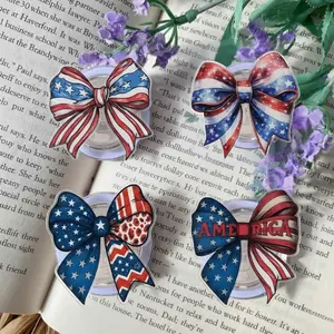 Patriotic American Flag Bow Phone Grip Combo Set Red White Blue 4th Of July Independence Day Cute Glitter USA Aesthetic Phone Stand Accessory For Women