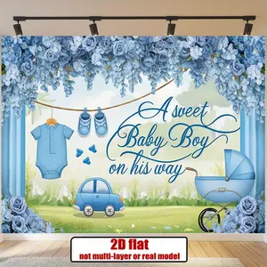 1PC Polyester Reusable 2D Flat Blue Floral Baby Boy Flower Banner, with Stroller & Car Multicolor Print, Ideal for Baby's First Birthday Shower, Indoor/Outdoor Wall Decor Banner