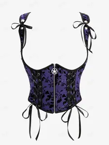 Rosegal Women's Wireless Strapless Gothic Floral Mesh Flocking Underbust Corset - Lightweight Polyester Shapewear, Lace-Up Closure, Pentagram Zipper, Adjustable Ribbons, Star Buckle, Stylish Design, Compatible with Goth Clothes & Costumes