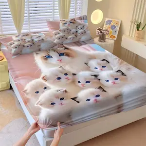 3Pcs Adorable Ragdoll Cats Fitted Sheet Set, Fluffy White and Light Brown Kitty Print Bedding, Soft Cotton Fabric, Perfect for Cozy and Cute Bedroom Decor, Bright Blue Eyes and Sweet Atmosphere, No Pillow Co, Bed Sheets Set