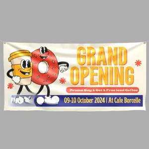 Personalized Custom Vinyl Banner - "GRAND OPENING" with Donut Design, Featuring "Promo Buy 1 Get 1 Free" Offer - Custom Sizes Available