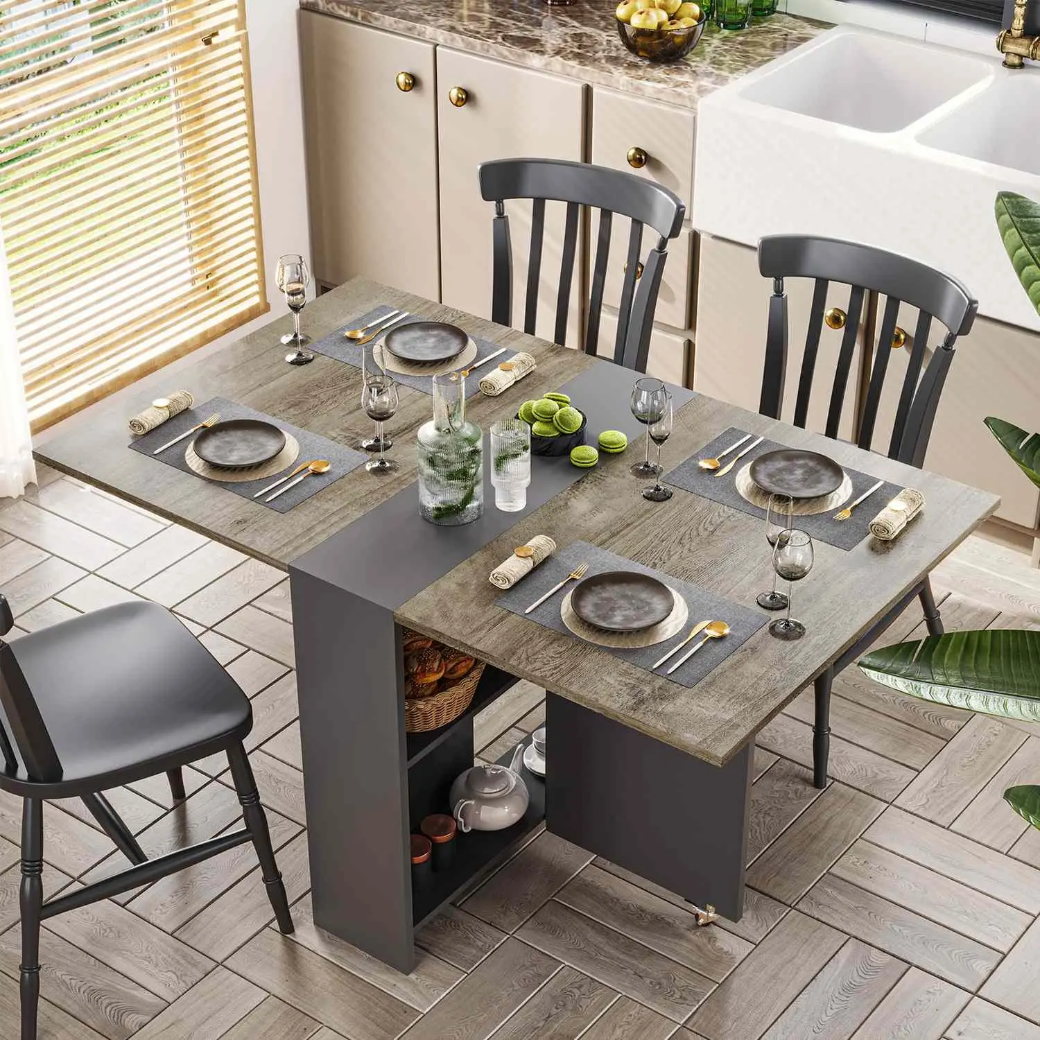 Sikaic Foldable Dining Table with Casters, Drop Leaf Kitchen Table with 2-Layer Storage Rack for Small Apartment Furniture Rustic