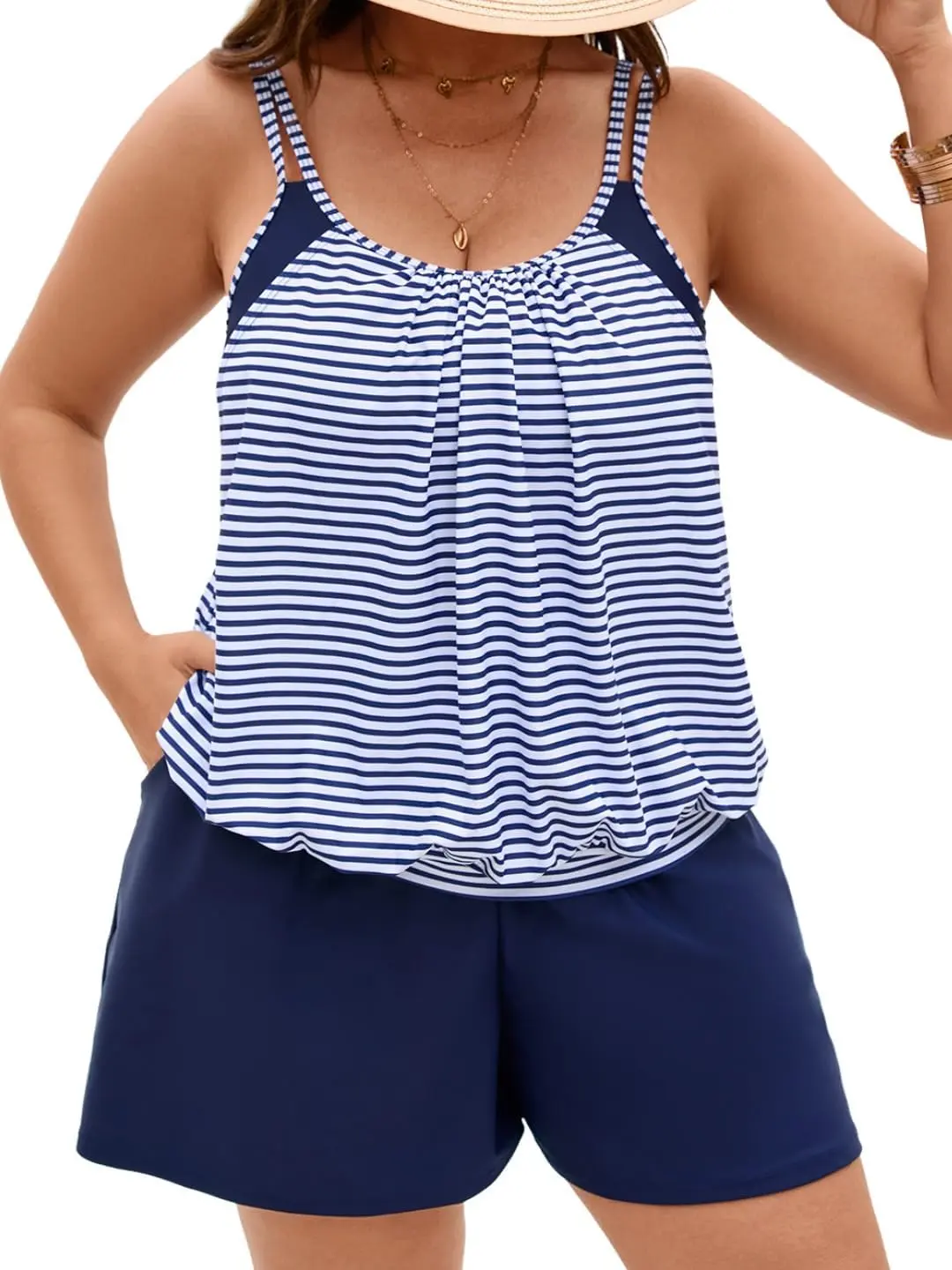 Women's Plus Size Nylon Striped Blouson Tankini Set - 2 Piece Modest Beach Day Swimsuit with Boyshorts, Two Piece Set, Stripes