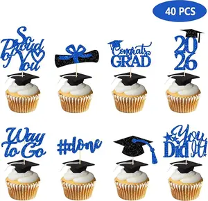 Graduation Decorations 2026 Blue, Graduation Cupcake Toppers 2026 Blue Black, Glitter Class of 2026 Cupcake Toppers Supplies, Class of 2026 Congrats Grad Cap Diploma Cupcake Picks - 40Pcs